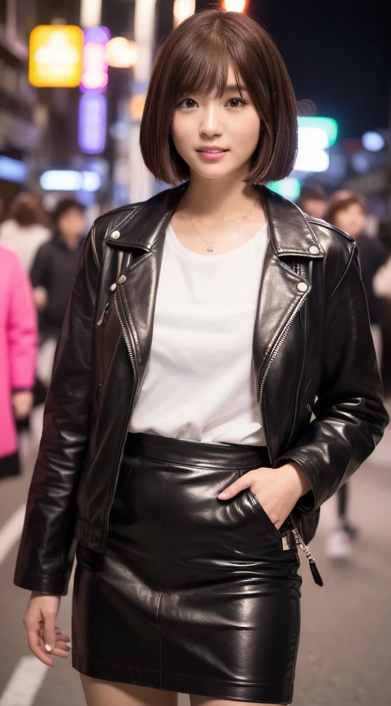 (((Yumikanoku))),((Highest quality, 8k, masterpiece :1.3)), One girl, smile, whole body, Slim face, Beautiful woman, (Dark brown hair), Tight leather pink suit,Pink Short Tight Skirt, Highly detailed face, Detailed eyes, double eyelid, Bokeh Background, Slim face, City of night, Neon Light,outside, Tokyo Street,Japan,leather jacket,Leather skirt,Bob cut short hair,