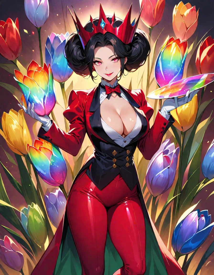 Mature beautiful woman,(Highest quality,Extremely detailed depiction,Incredibly absurd high resolution,Anatomically accurate depiction,Curvy Legs),(Glowing Skin,Shiny skin),(Royal suit,Butler-style outfit,Tight fit),eyelash,Flashy makeup,eye shadow,Glowing pink eyes,There is cleavage in the chest,Glossy red lipstick,Shadowed face,A seductive smile,whole body,Standing posture,In her hand she holds a rainbow of glass tulips:1.5