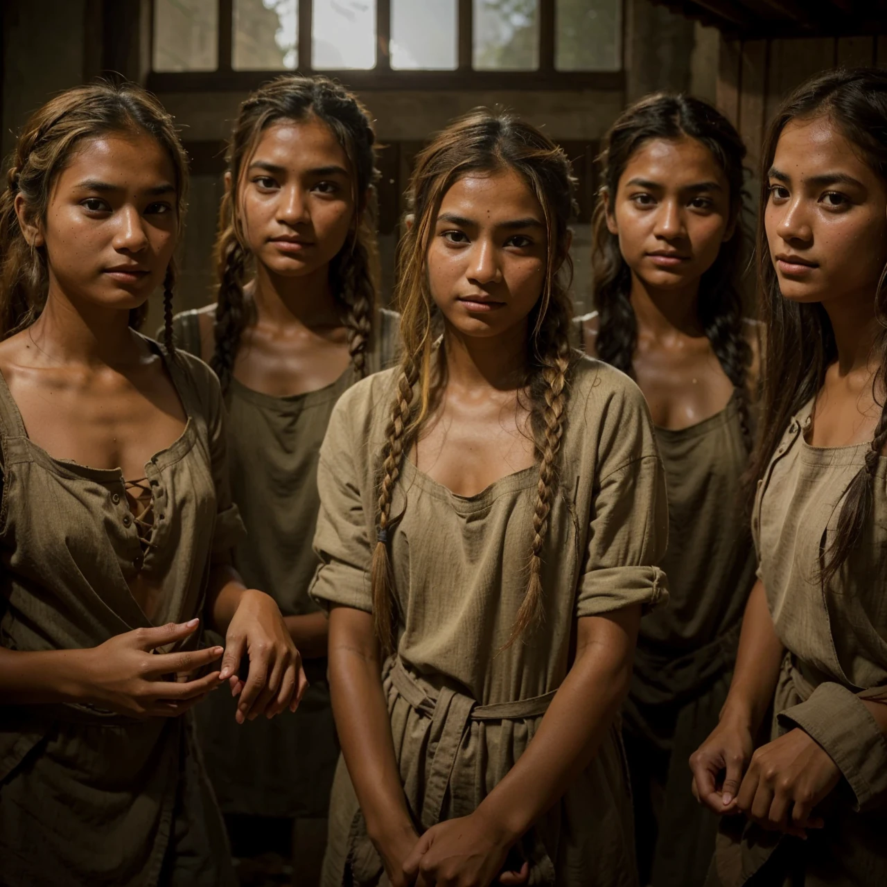  Portrait peasant serf brunette asian Indian girls dressed in peasant homespun canvas torn shirts , barefoot , sweaty hair , tanned, beautiful but unhappy, tired of corvee