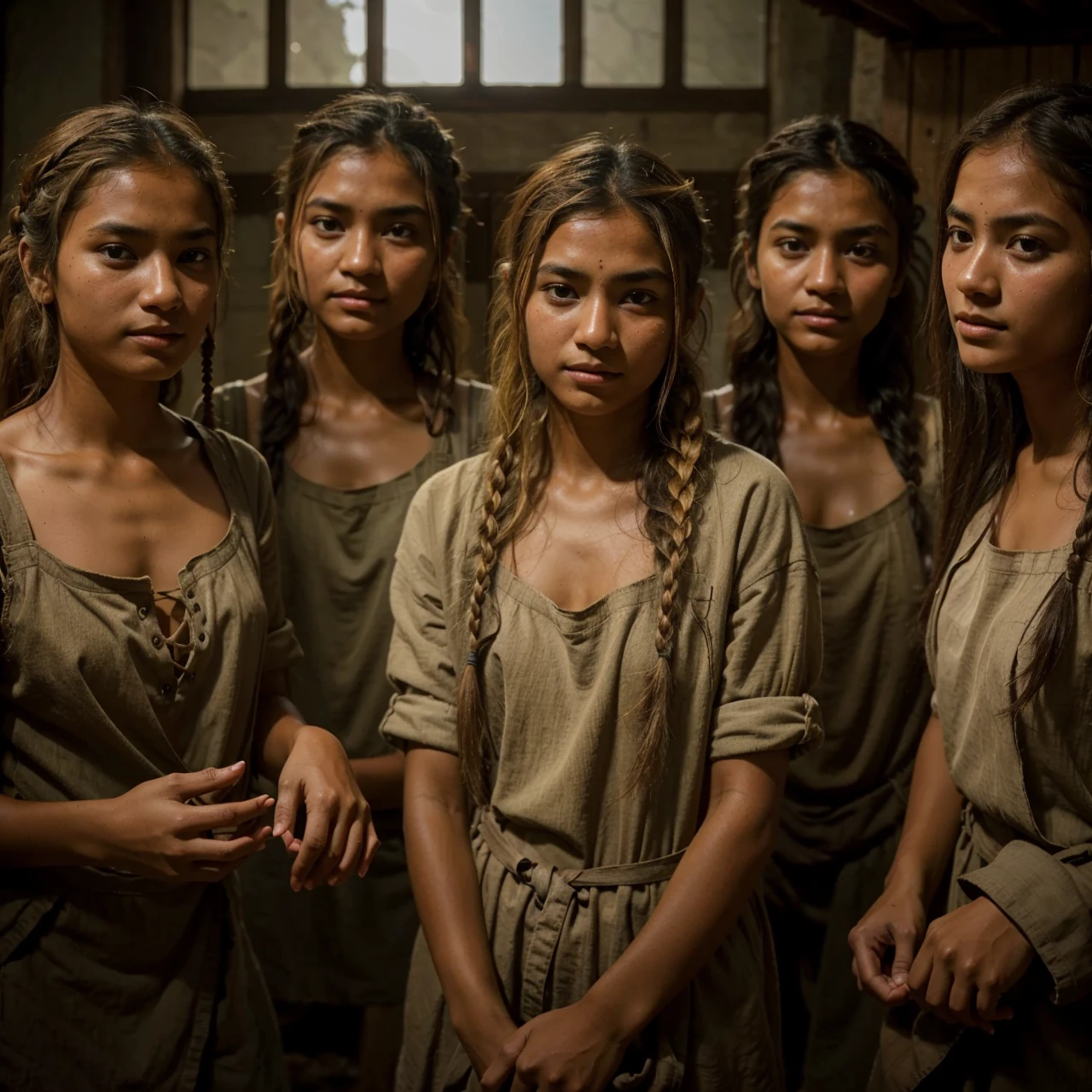 Portrait peasant serf brunette asian Indian girls dressed in peasant homespun canvas torn shirts , barefoot , sweaty hair , tanned, beautiful but unhappy, tired of corvee