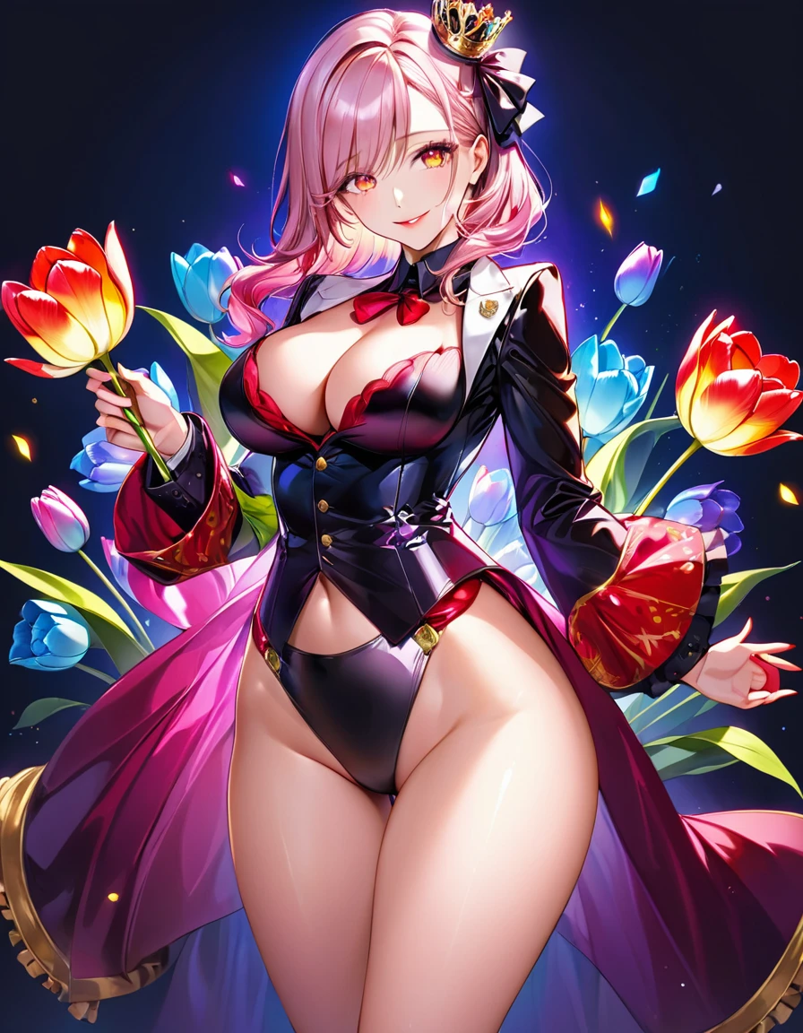 Mature beautiful woman,(Highest quality,Extremely detailed depiction,Incredibly absurd high resolution,Anatomically accurate depiction,Curvy Legs),(Glowing Skin,Shiny skin),(Royal suit,Butler-style outfit,Tight fit),eyelash,Flashy makeup,eye shadow,Glowing pink eyes,There is cleavage in the chest,Glossy red lipstick,Shadowed face,A seductive smile,whole body,Standing posture,In her hand she holds a rainbow of glass tulips:1.5