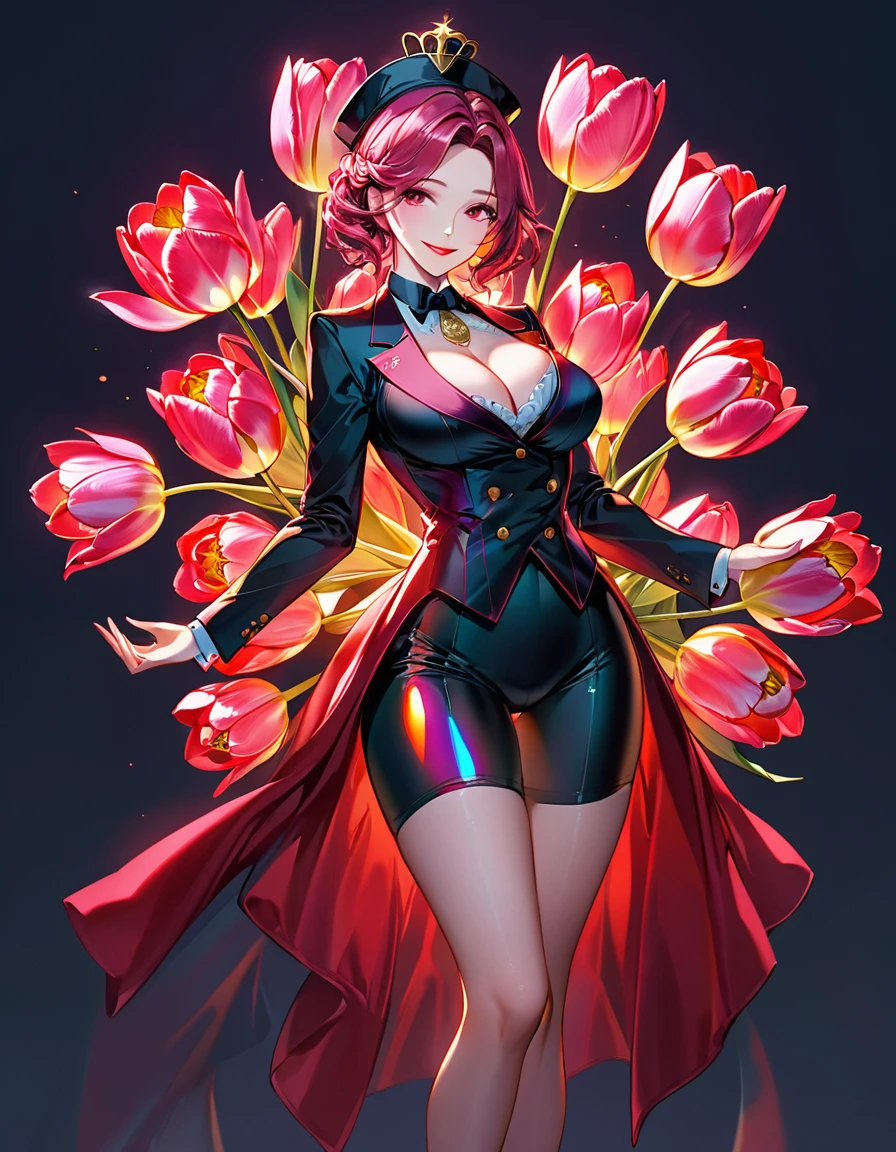 Mature beautiful woman,(Highest quality,Extremely detailed depiction,Incredibly absurd high resolution,Anatomically accurate depiction,Curvy Legs),(Glowing Skin,Shiny skin),(Royal suit,Butler-style outfit,Tight fit),eyelash,Flashy makeup,eye shadow,Glowing pink eyes,There is cleavage in the chest,Glossy red lipstick,Shadowed face,A seductive smile,whole body,Standing posture,In her hand she holds a rainbow of glass tulips:1.5