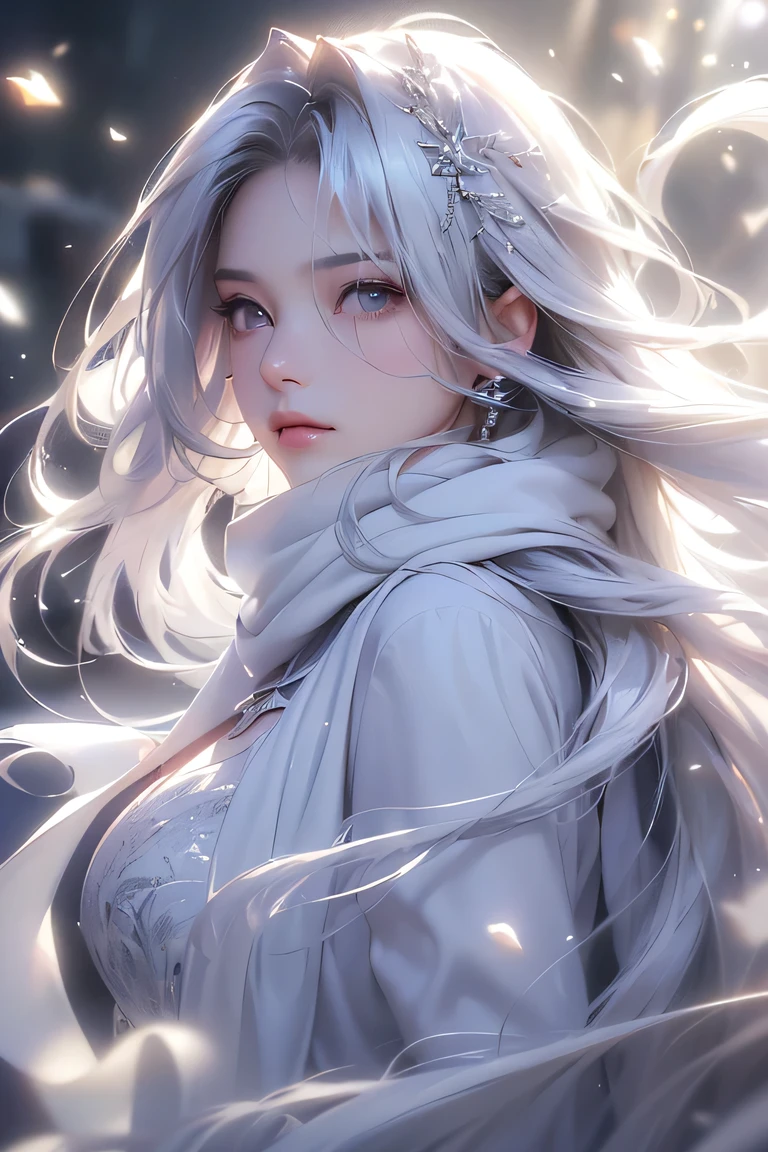 ((masterpiece:1.5、8k、Portraiture、Photorealistic and very detailed CG、Very detailed、Particle Effects、Dynamic Effects、Shallow depth of field、Cinematic Light、Lens flare、Ray Tracing、Tabletop、Realistic:1.4、Ultra-high resolution:1.2、Realistic、Realistic))((alone、,A woman wearing a cashmere coat over an off-the-shoulder dress:1.4、wear a long scarf、White Belt、coat、Elegant woman posing、Detailed face、brightexpression、young, bright, Whiter skin、small breasts、Best Looks、Ultimate beauty、Shiny silver hair with highlights、bright and shiny hair,、Super long, Silky straight hair、Hair dancing in the wind))(morning、outdoors, winter, snow falling)