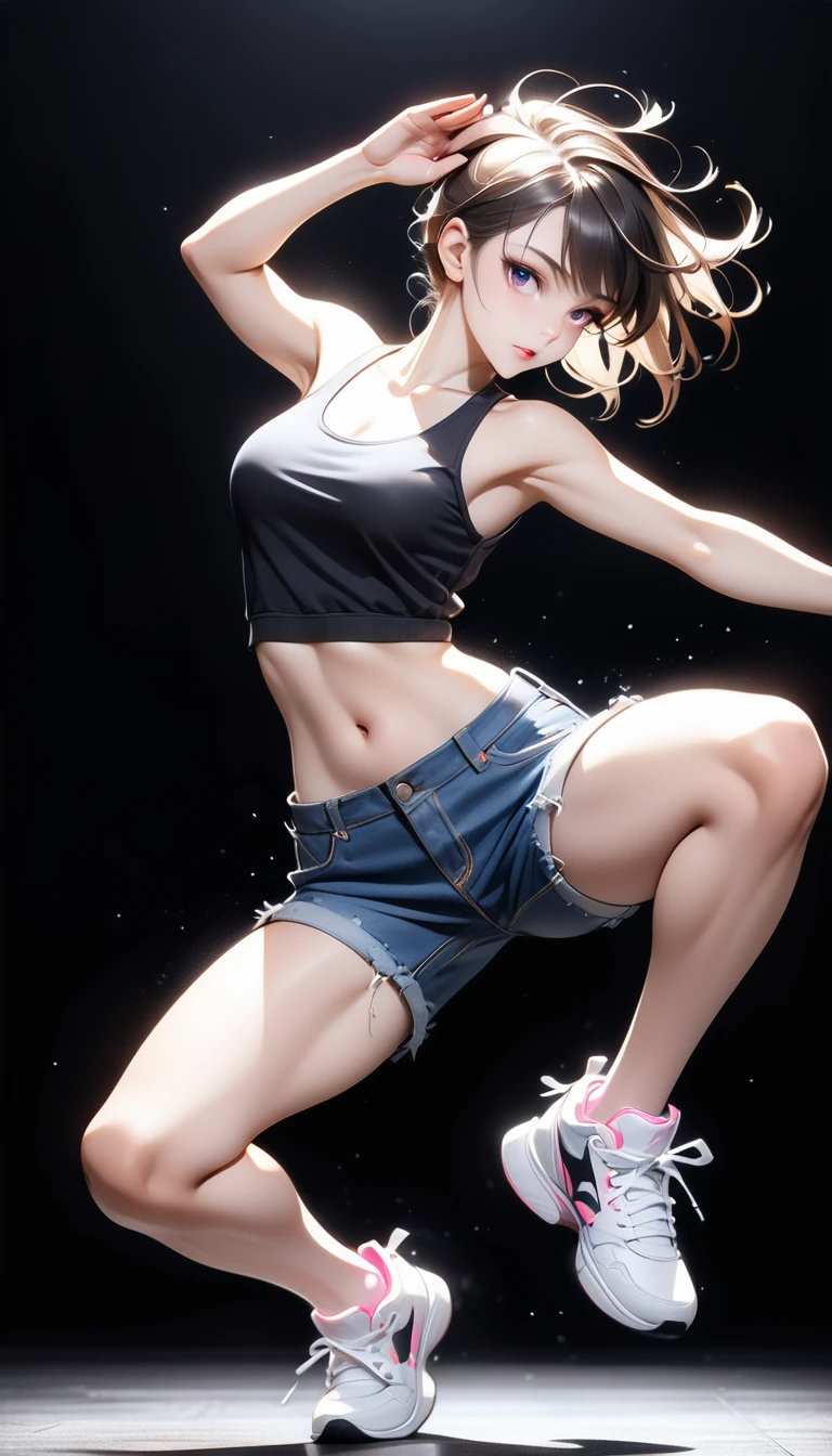 (Generated in SFW:2.0), masterpiece, Highest quality, Realistic photos, RAW Photos, dynamic dancing woman, alone, Beautiful Face, Bangs that fall on the forehead, Casual clothing, (Tight tank top:1.2), (Denim shorts:1.2), Sleeveless, Seductive body lines, alluring looks, break, Cool dance, break, Hip Hop Dance, (Black background color:1.5), (A dark background to make your subject stand out:1.1), (Focus on the eyes), (Full Body Shot:1.2), break, Street dance, Hip Hop Dance, Club dance, dynamic pose, dynamic, Moments that captivate you, Concentrated face, View your audience, bend, Spread your legs, Cool pose, Applying random anagrams to create completely different new works,