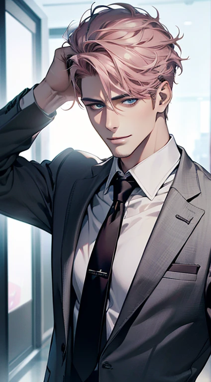 (best quality,4k,8k,highres,masterpiece:1.2),ultra-detailed,(realistic,photorealistic,photo-realistic:1.37),1 man,31 years old,mature man,very handsome,without expression,smile,short grey pink hair,blue eyes,penetrating gaze,perfect face without errors,imposing posture,businessman,office background,cinematic lighting,hdr image