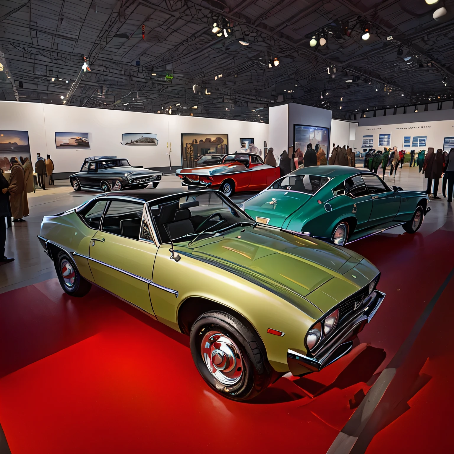 there are two cars that are on display in a museum, russian pepper car, pepper, pepper car, muscovite, Karma Electric Vehicle, on display in a museum, 1972 Soviet Union, Car panorama, displayed in the exhibition hall, 1968 Soviet Union, Old vintage museum exhibit, on display in a museum