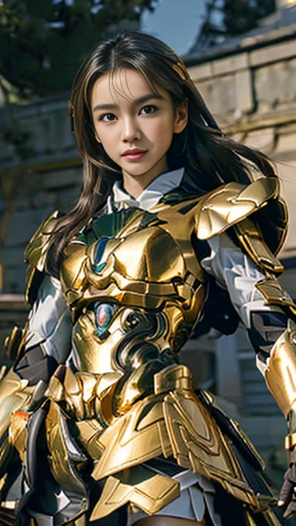 masterpiece,highest quality,ultra high resolution),japanese woman, very beautiful girl, Naïve girl、perfect limbs、perfect anatomy、radiant beautiful skin、Moist eyes、brown shiny hair、Colors and landscapes of youth、Premonition of Love Green and Gold Uniform、 metallic Green armor, high quality costumes, brass armor coat, Masterpiece costume, Green armor, Avan Uniform, gilded black uniform, gold armor suit, quality commander, combat uniform, Embroidered uniform guard, gold obsidian armor, smooth gold armor