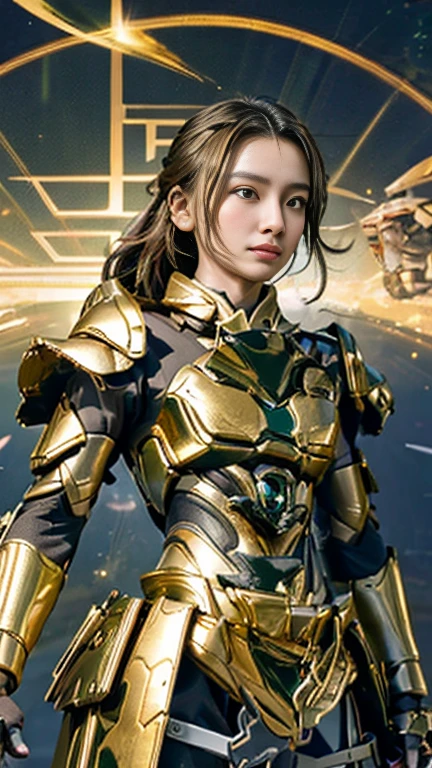 masterpiece,highest quality,ultra high resolution),japanese woman, very beautiful girl, Naïve girl、perfect limbs、perfect anatomy、radiant beautiful skin、Moist eyes、brown shiny hair、Colors and landscapes of youth、Premonition of Love Green and Gold Uniform、 metallic Green armor, high quality costumes, brass armor coat, Masterpiece costume, Green armor, Avan Uniform, gilded black uniform, gold armor suit, quality commander, combat uniform, Embroidered uniform guard, gold obsidian armor, smooth gold armor