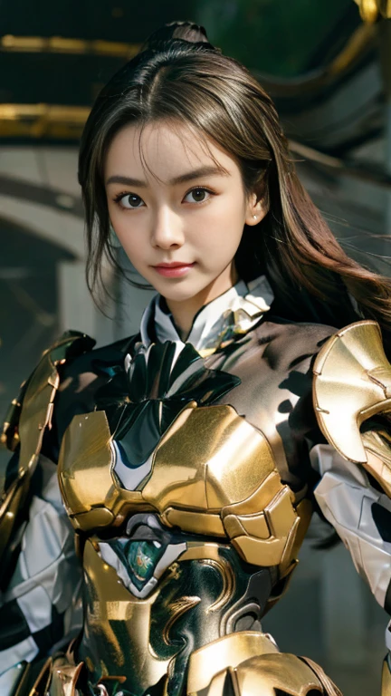 masterpiece,highest quality,ultra high resolution),japanese woman, very beautiful girl, Naïve girl、perfect limbs、perfect anatomy、radiant beautiful skin、Moist eyes、brown shiny hair、Colors and landscapes of youth、Premonition of Love Green and Gold Uniform、 metallic Green armor, high quality costumes, brass armor coat, Masterpiece costume, Green armor, Avan Uniform, gilded black uniform, gold armor suit, quality commander, combat uniform, Embroidered uniform guard, gold obsidian armor, smooth gold armor