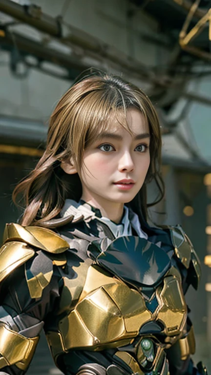 masterpiece,highest quality,ultra high resolution),japanese woman, very beautiful girl, Naïve girl、perfect limbs、perfect anatomy、radiant beautiful skin、Moist eyes、brown shiny hair、Colors and landscapes of youth、Premonition of Love Green and Gold Uniform、 metallic Green armor, high quality costumes, brass armor coat, Masterpiece costume, Green armor, Avan Uniform, gilded black uniform, gold armor suit, quality commander, combat uniform, Embroidered uniform guard, gold obsidian armor, smooth gold armor