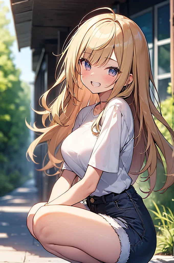 (Masterpiece, Top quality:1.5), 1 beautiful girl, solo, squatting down, from side, Blonde, medium Hair, wavy Hair, asymmetry bangs, swept bangs, airy hair, large breasts:1.2, , standard weight, (casual summer fashion, Shorts :1.3), grin:1.3, blush, beautiful scene of narrow Alley, blurry background, magnificent panorama view, blurry background, open mouth,