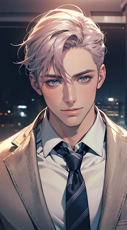(Highest quality,4K,8K,High resolution,masterpiece:1.2),Super detailed,(Realistic,photoRealistic,photo-Realistic:1.37),1 person,31 years old,Mature Men,Beautiful skin、very handsome,Expressionless,smile,Short gray pink hair,blue eyes,Sharp Eyes,A perfect face without a doubt,Businessman,Office Background,Cinema Lighting,HDR image,tie、