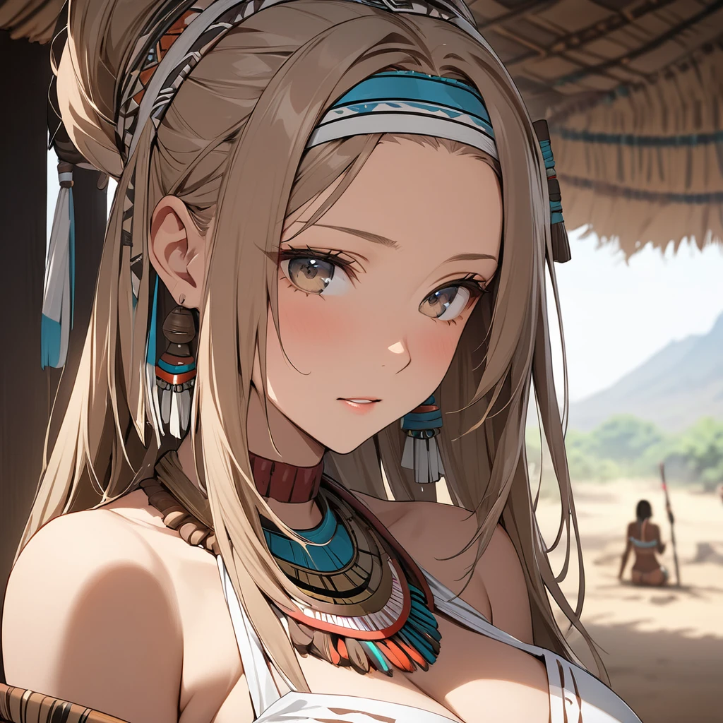 ((Highest quality)), ((masterpiece)), (detailed), （Perfect Face）、The woman is Yuuki Asuna, a black woman with dark skin, light brown hair that is very short and naturally curly in an afro, dreadlocks, a tribal hairstyle, and is an African black woman with tribal makeup, black nipples, and beautiful tattoos all over her body. Her tribal costume is a nude woman who does not cover her breasts.、The woman was a complete African native nude tribeswoman, and had become a nude tribeswoman in both body and mind.、The woman is a native African woman and a member of the tribe&#39;s nude tribe, living happily with her friends.、The woman is a beautiful native African tribal woman.