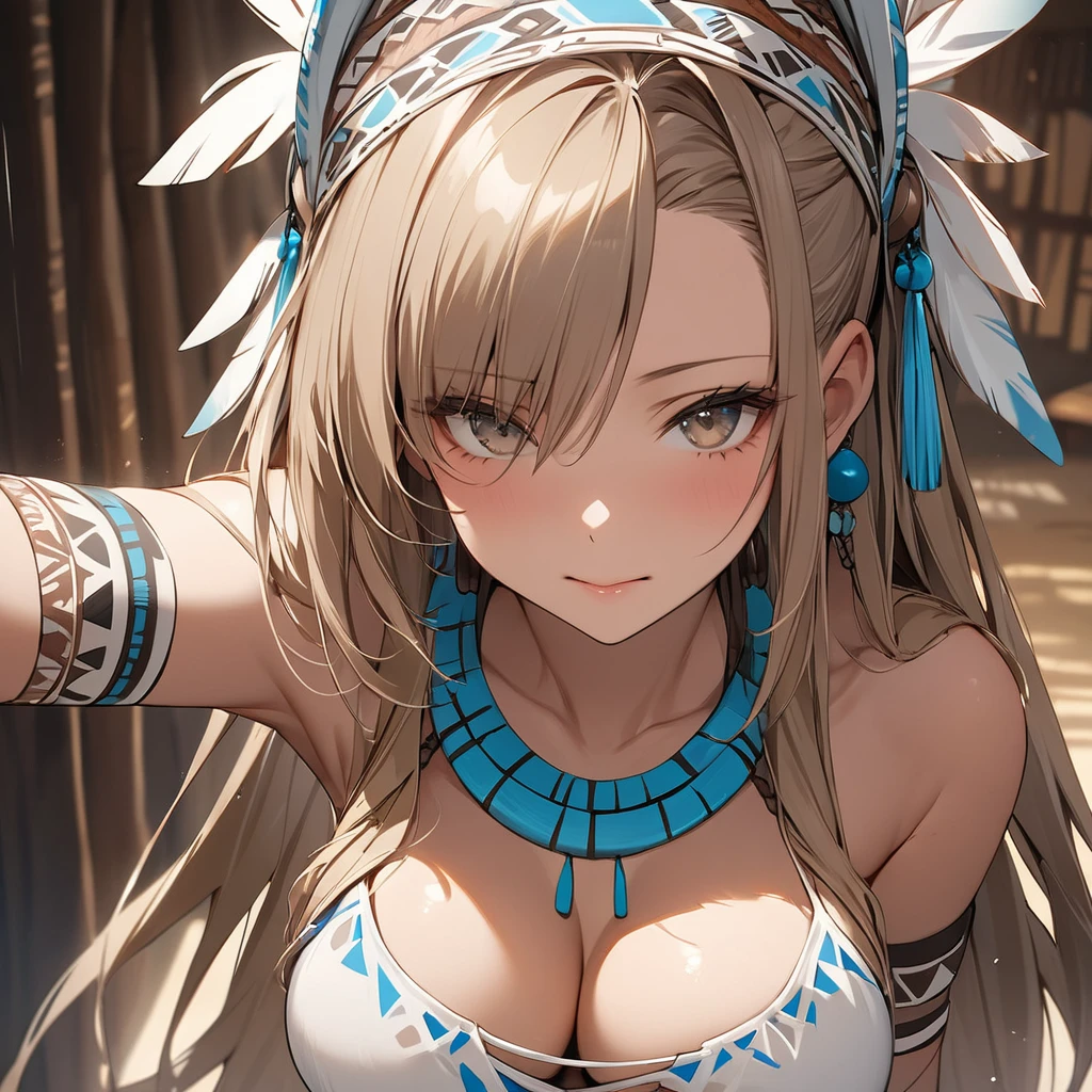 ((Highest quality)), ((masterpiece)), (detailed), (Perfect Face)、The woman is Asuna, a native African tribal woman with medium-long light brown hair.、The woman's appearance was the same as that of other women in the tribe, and she became a woman of the tribe in both body and mind.