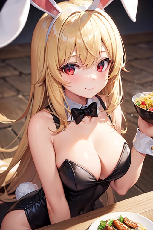 One girl, Blonde, bangs, chest, smile, Red eyes, Animal ears, Food, Bunny ears, Shortcuts, Background blur, 