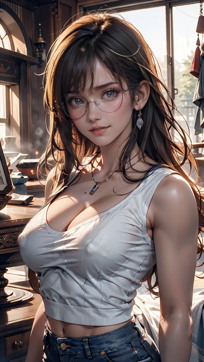 (RAW Photos, 4K, masterpiece, High resolution, Very complex) (Realistic: 1.4), Cinema Lighting, 1 girl, Focus Only, Summer noon, hot, 1990s (style), Denim Lenses, indoor, Short sleeve T-shirt、Sexy proportions、Narrow waist、Erotic female body、Blonde、Silver accessories on the wrist、Realistic shaped breasts(Hanging down due to gravity)Nipple swelling emphasis、smile、