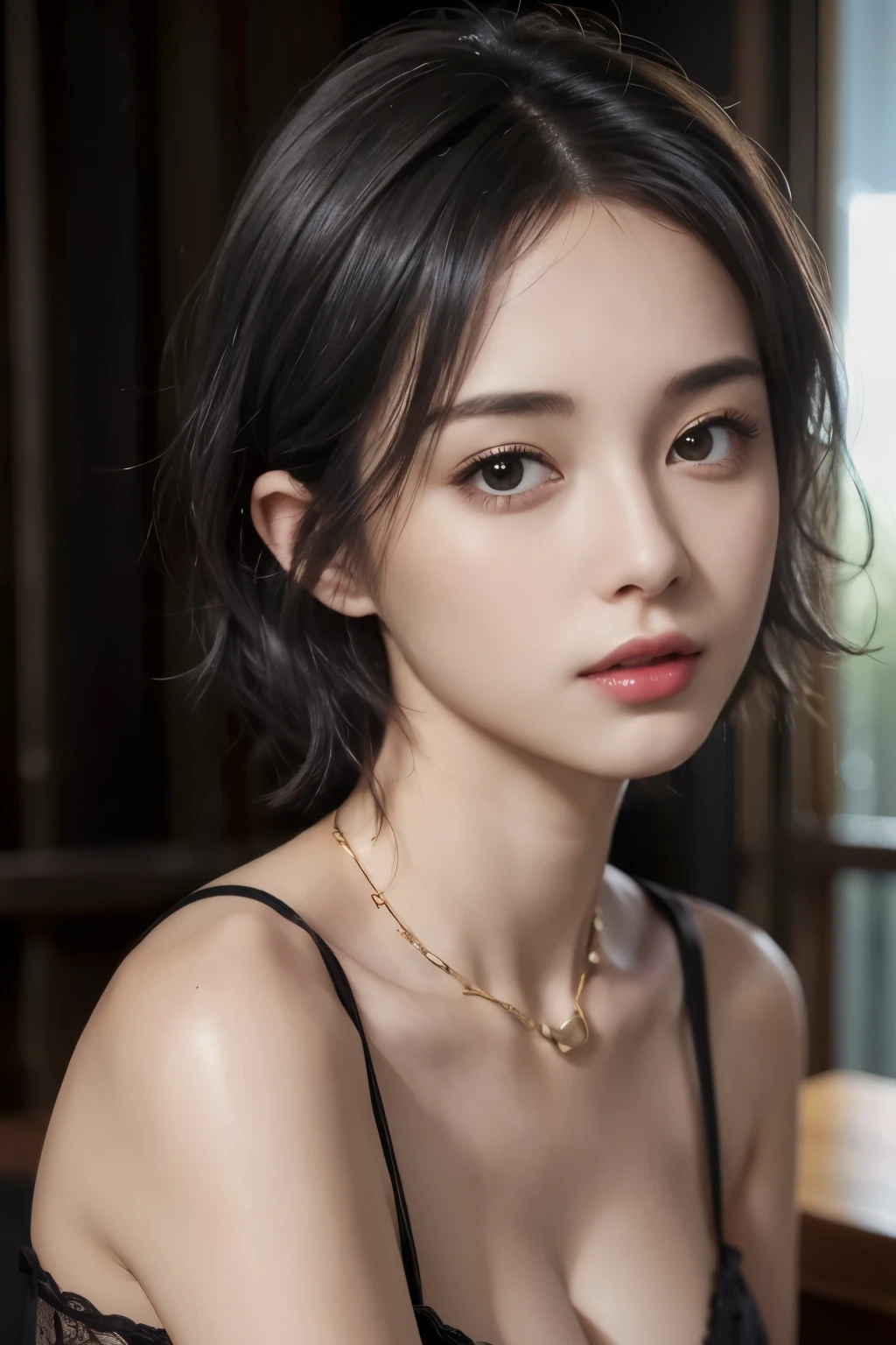 (table top:1.3), (8k, realistic, RAW photos, best quality: 1.4), (1 girl), beautiful face, (realistic face), (black hair, Short hair:1.3), good hairstyle,medium chest,big chest thin waist,realistic eyes,I have a good eye for detail.,(realistic skin),beautiful skin,(sweater),outrageous lips,tempting,Super high resolution,Ultra photo realism,very detailed,golden ratio