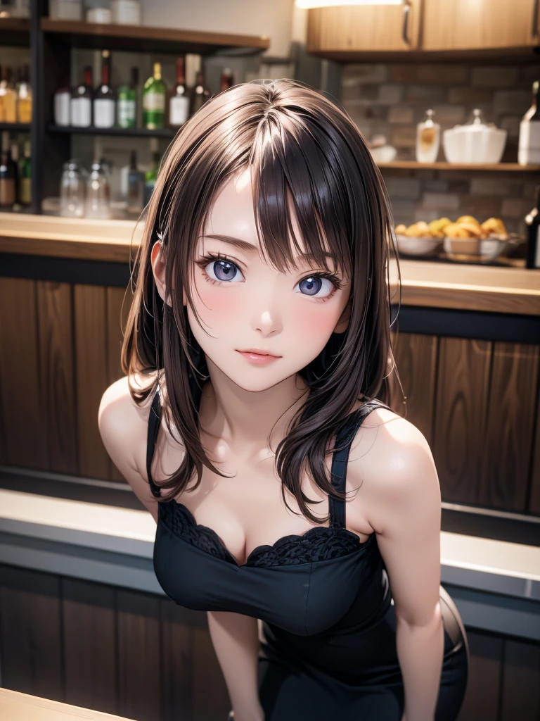 (masterpiece:1.3),(best quality, highest quality),((Full Body Shot,Including face)),4K,masterpiece,((Focus on the face)),((Symmetrical facial features)),Beautiful woman,(slender),((High heels)),Detailed depiction of the face,In front of the bar counter,profile,slenderな女性,Age 25,(((One cute woman))),((Focus on the whole body,Take a seat at the counter))