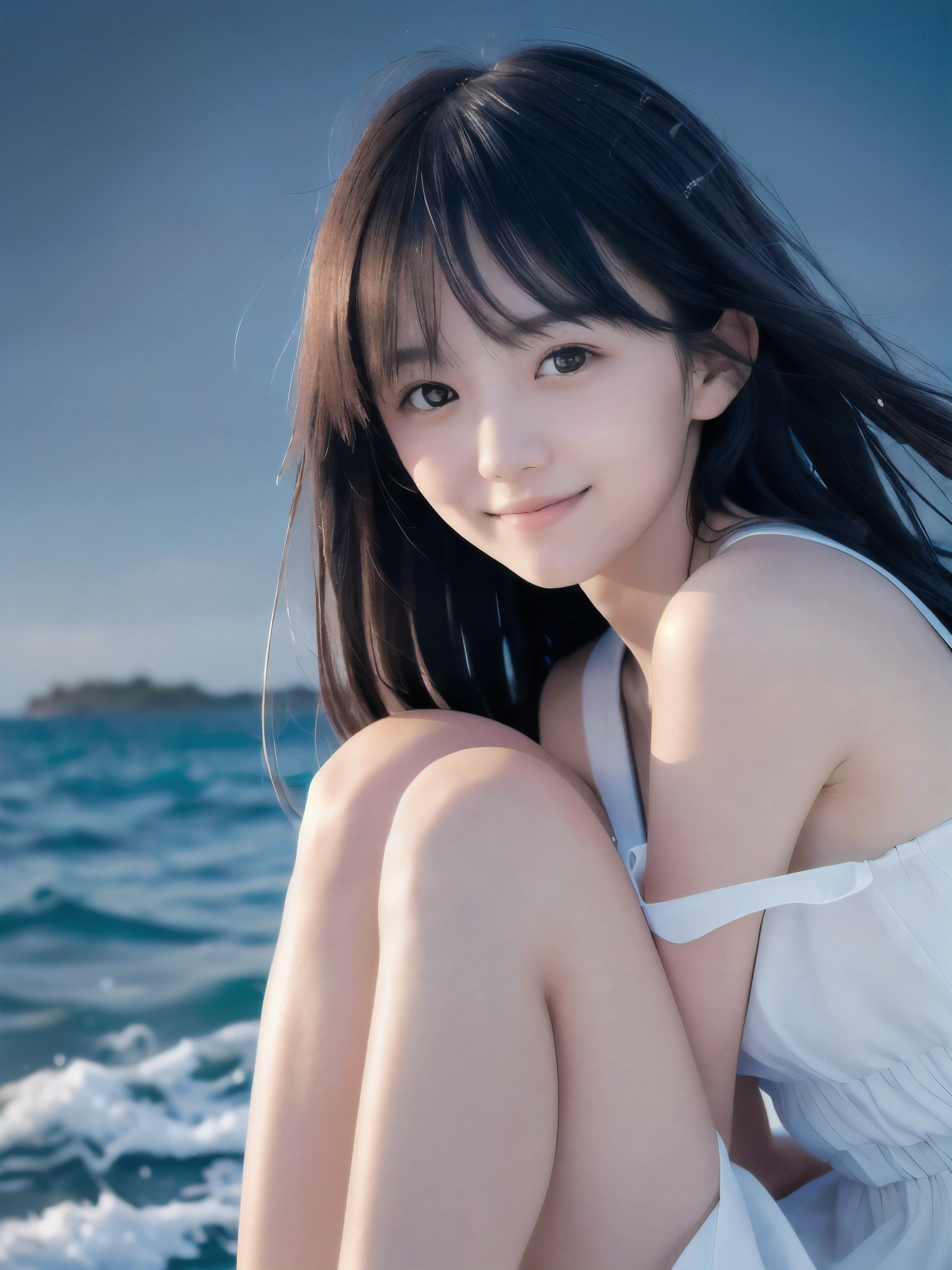 (Close up face shot of slender small-breasted two side up black medium hair with bangs girl wearing a white summer dress:1.5)、(One girl is looking down with tender smile at the cape of the sea in Japan:1.5)、(Beautiful moonlight midnight with sea:1.5)、(blurred background:1.5)、(Natural light:1.5)、(8k ultra detailed master piece:1.5)、(perfect anatomy:1.5)、(Photorealistic stick:1.5)、(Raw photo:1.3)、(highest quality:1.5)、(High resolution:1.3)、(Delicate and beautiful perfect face:1.3)、(Delicate and beautiful eye air skin:1.3)、(Real Human Skin:1.3)、((thin legs))