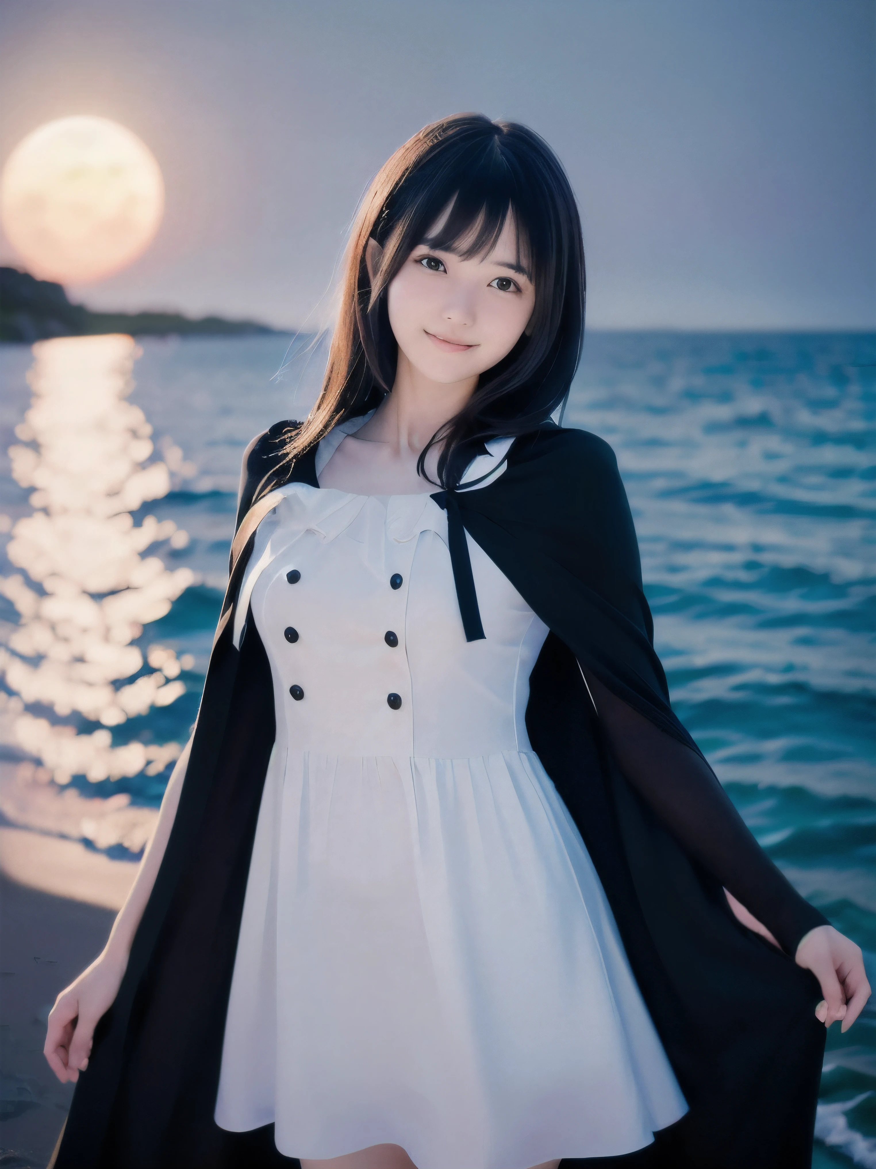 (Close up face shot of slender small-breasted two side up black medium hair with bangs girl wearing a white summer dress:1.5)、(One girl is looking down with tender smile at the cape of the sea in Japan:1.5)、(Beautiful moonlight midnight with sea:1.5)、(blurred background:1.5)、(Natural light:1.5)、(8k ultra detailed master piece:1.5)、(perfect anatomy:1.5)、(Photorealistic stick:1.5)、(Raw photo:1.3)、(highest quality:1.5)、(High resolution:1.3)、(Delicate and beautiful perfect face:1.3)、(Delicate and beautiful eye air skin:1.3)、(Real Human Skin:1.3)、((thin legs))