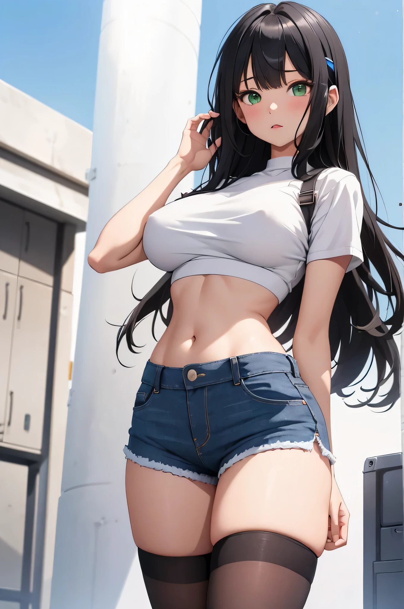 One girl, alone, Long Hair, (Large Breasts:1.3、Chest visible from below:1.2), View your viewers, blush, bangs, Tight shirt, Black Hair, hair ornaments, Knee socks, belly button, Mouth closed, Green Eyes, Are standing, whole body, White shirt, Short sleeve, (Thighs:1.2), Outdoor, shoes, Shorts, Day, Hair Clip, abdomen, black Knee socks, Stomach, Raise your arms, Tight crop top, short Shorts, White footwear, denim, sneakers, blue Shorts, denim Shorts, Tight crop top overhang, cut off