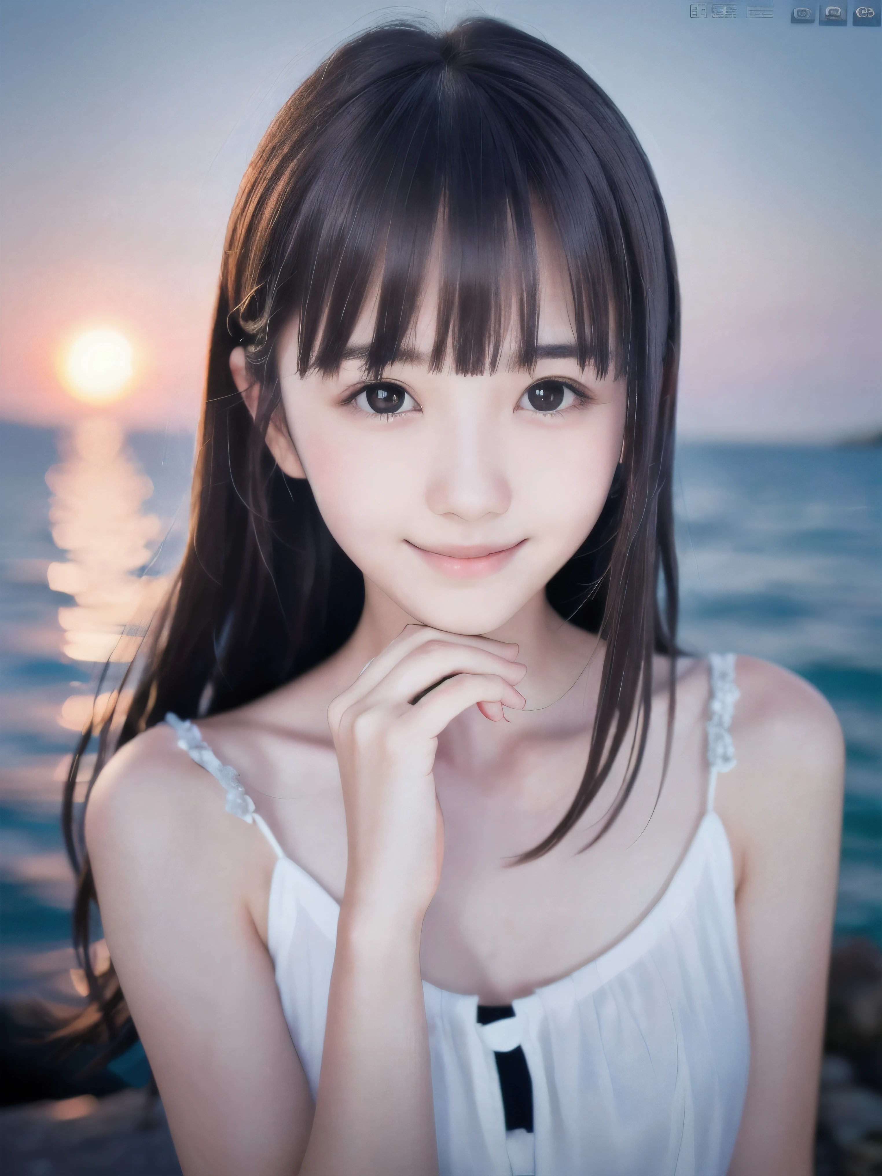(Close up face shot of slender small-breasted half up brown long hair with bangs girl wearing a white summer dress:1.5)、(One girl is looking down with tender smile at the cape of the sea in Japan:1.5)、(Beautiful moonlight midnight with sea:1.5)、(blurred background:1.5)、(Natural light:1.5)、(8k ultra detailed master piece:1.5)、(perfect anatomy:1.5)、(Photorealistic stick:1.5)、(Raw photo:1.3)、(highest quality:1.5)、(High resolution:1.3)、(Delicate and beautiful perfect face:1.3)、(Delicate and beautiful eye air skin:1.3)、(Real Human Skin:1.3)、((thin legs))