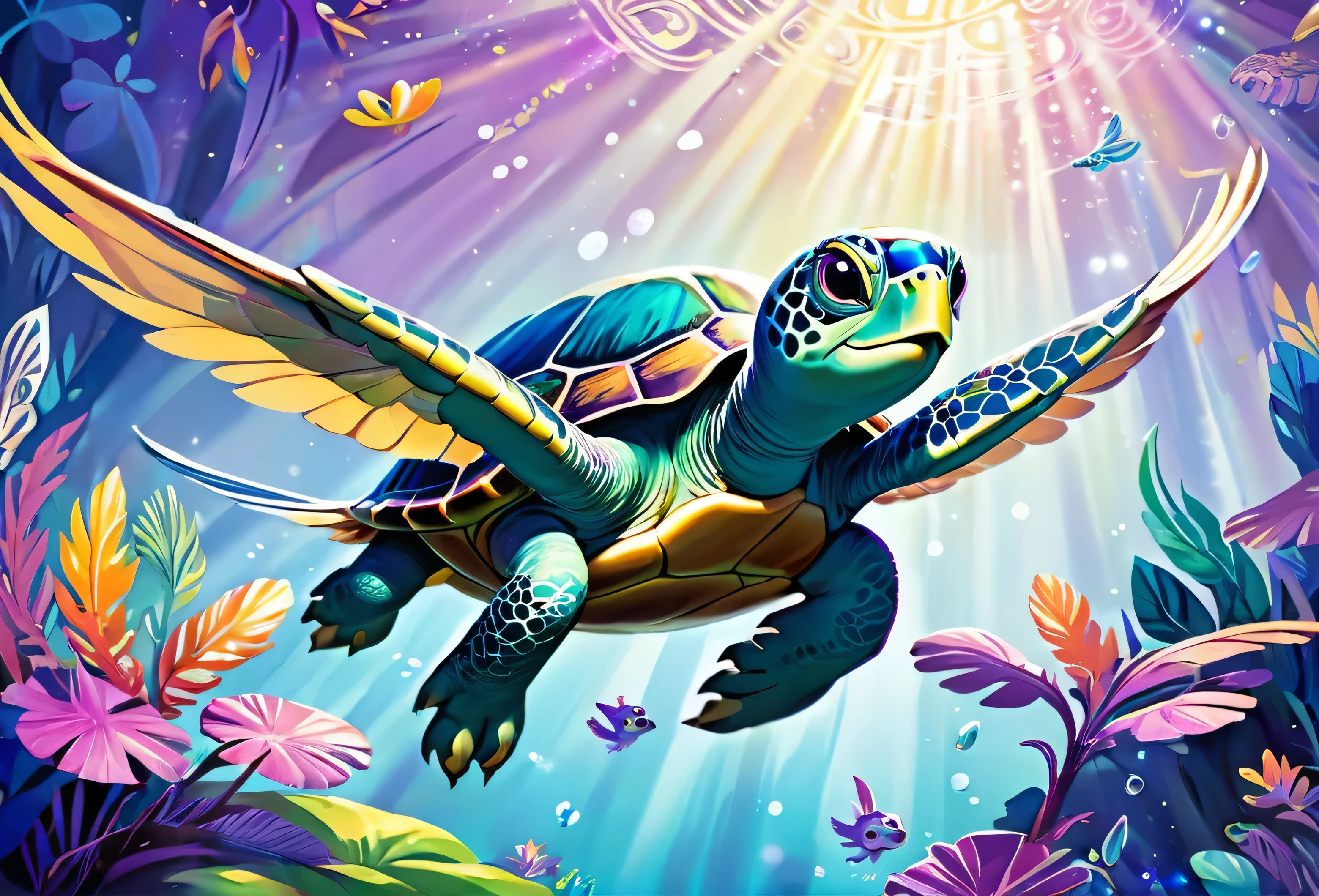 A flying turtle and it baby, big purple feathers, magical world, very colourful with strange creatures. Disney related event
(masterpiece best quality:1.2) delicate illustration ultra-detailed, illustrations, bright, colourful,