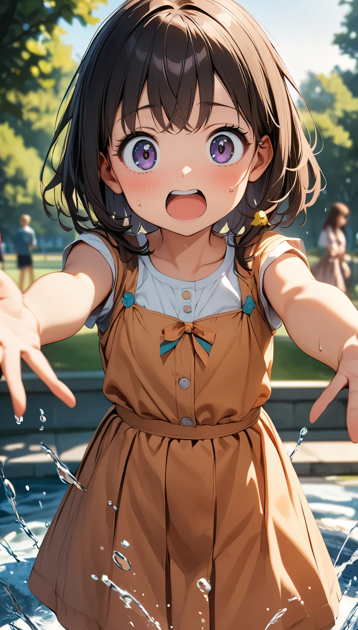 Commemorative photo of girls, 1 Girl, 6 year old girl, Water Play:1.2, squirt:1.2, Water splashes, Playing in the park, ((Surprised, Raise your arms high)), splashes rise, Light and shadow with attention to detail, Background Blur, (Highest quality:1.2, 4K, 8k, Very detailed, Attention to detail, masterpiece:1.2, Best aesthetics),