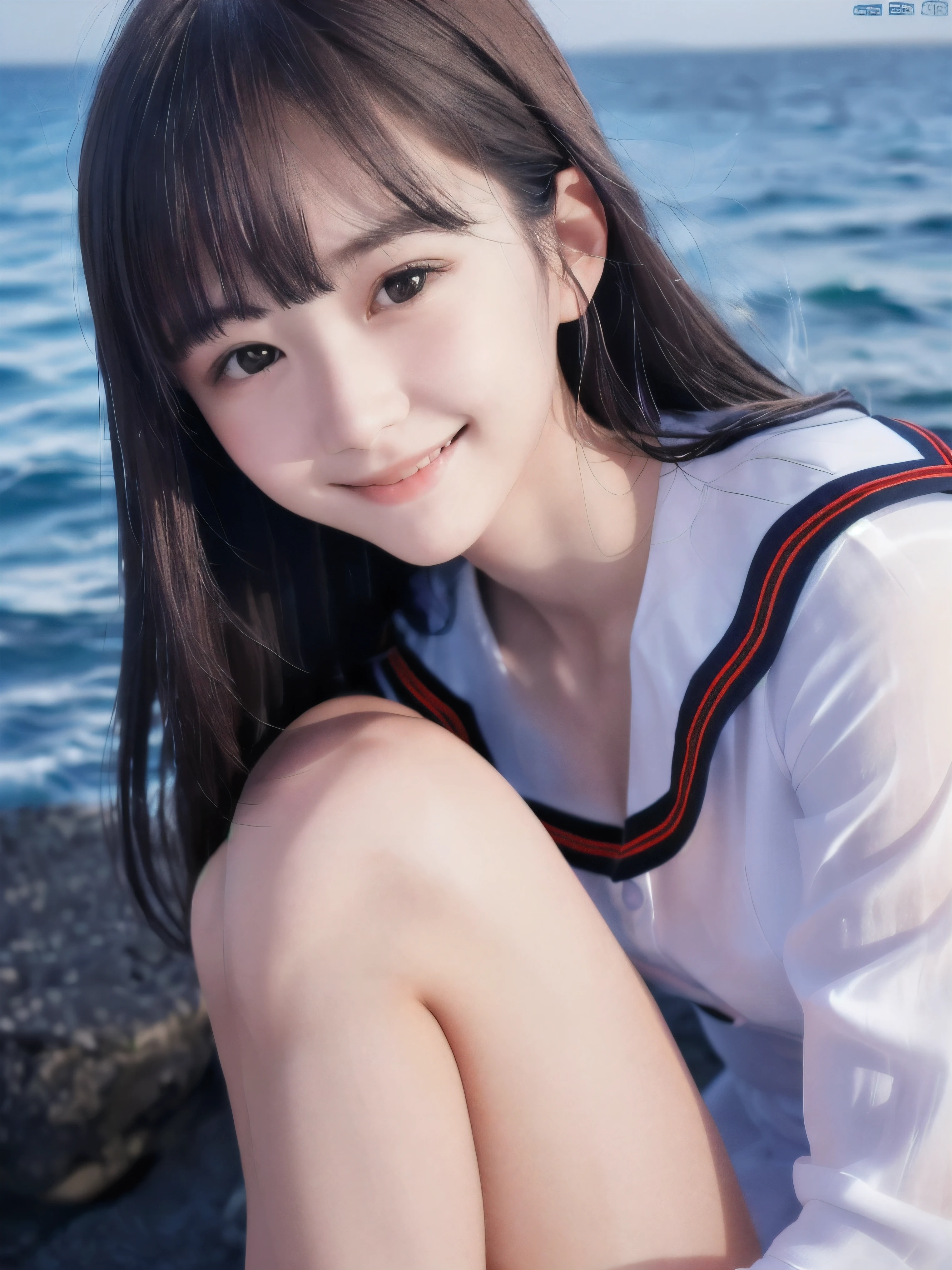 (Close up face shot of slender small-breasted half up brown long hair with bangs girl wearing a white summer dress:1.5)、(One girl is looking down with tender smile at the cape of the sea in Japan:1.5)、(Beautiful moonlight midnight with sea:1.5)、(blurred background:1.5)、(Natural light:1.5)、(8k ultra detailed master piece:1.5)、(perfect anatomy:1.5)、(Photorealistic stick:1.5)、(Raw photo:1.3)、(highest quality:1.5)、(High resolution:1.3)、(Delicate and beautiful perfect face:1.3)、(Delicate and beautiful eye air skin:1.3)、(Real Human Skin:1.3)、((thin legs))