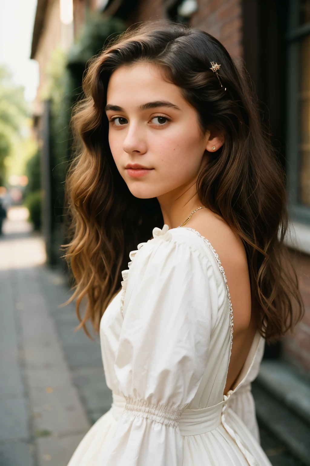 (a closeup of a beautiful 15-year-old girl on a 19th century street in a vintage dress), (Serious:0.5), (Highly detailed face:1.4), ass pov, Nikon D850, film stock photograph, 4 Kodak Portra 400, camera f1.6 lens, saturated colors, hyper realistic, lifelike texture, dramatic lighting, Cinestill 800, 19th-century Victorian style, Evening, Vintage lighting, Medium curly hair