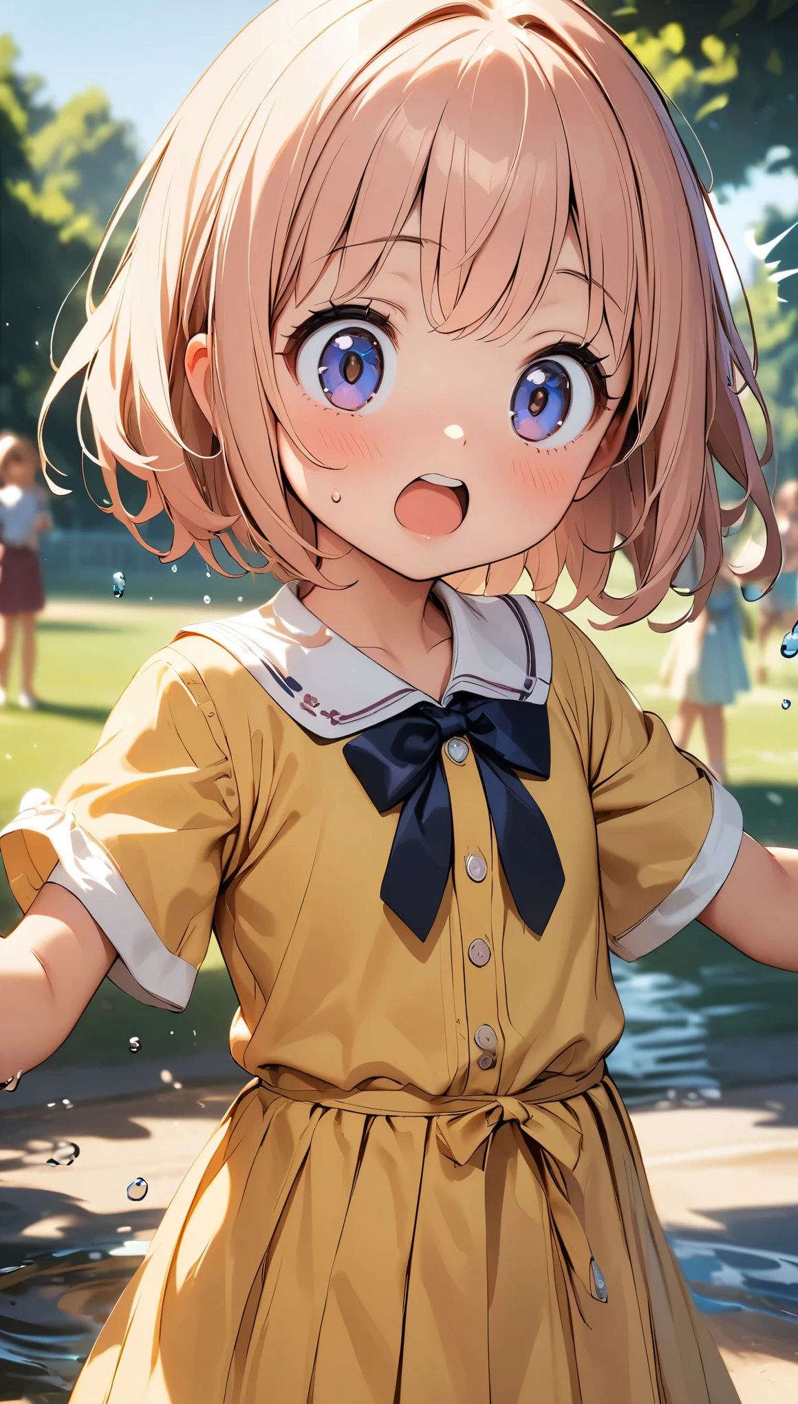 Commemorative photo of girls, 1 Girl, 6 year old girl, Water Play:1.2, squirt:1.2, Water splashes, Playing in the park, ((Surprised, Raise your arms high)), splashes rise, Light and shadow with attention to detail, Background Blur, (Highest quality:1.2, 4K, 8k, Very detailed, Attention to detail, masterpiece:1.2, Best aesthetics),