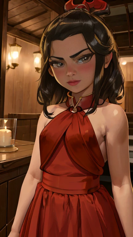 Beautiful, Masterpiece, Best Quality, extremely detailed face, perfect lighting, Cowboy shot, 1girl, Azula, (, 8 ye), seductive, bare shoulders, hip cutout, pomade, blushful, moan, makeup, looking a viewer, erotica, 1girl, solo, light skin, quarter turn,1/4 body pose, upper body view, eyes focus, looking at the viewer, (flirty facial expression:1.3), luxurious spa with candlelit ambiance, (masterpiece, best quality, absurdres, detailed, ultra-detailed:1.3), alluring, (highly detailed, high quality:1.3)