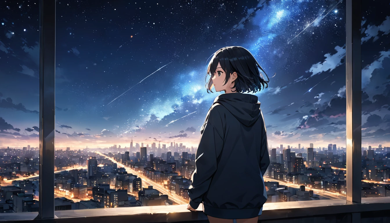 Starry Sky、One woman、Black Hair、Short Hair、Hair blowing in the wind、Wearing a hoodie、Back view、Full body portrait、Cityscape seen in the distance