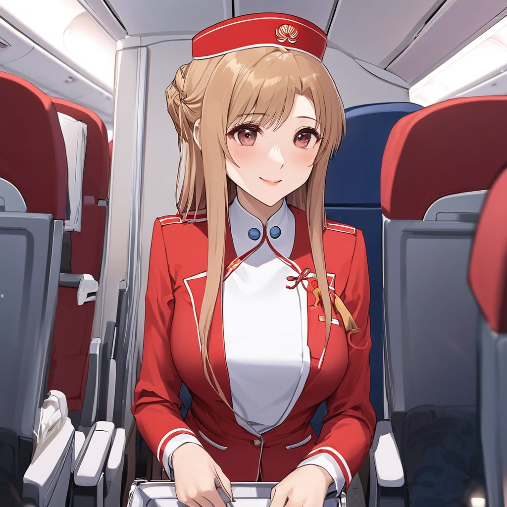 ((Highest quality)), ((masterpiece)), (detailed), (Perfect Face)、The woman is a Chinese flight attendant for Air China, named Yuuki Asuna, with light brown, medium-long hair.、The woman is wearing the red uniform of an Air China flight attendant.、The woman is a special flight attendant for the honored Communist Party of China members, dressed beautifully and serving them as an in-flight wife.、The woman is a first-class passenger who serves an elderly man who is a member of the Chinese Communist Party and enjoys the utmost affection from the elderly man.、She sits next to the man sitting next to her and provides sexual entertainment, happily and sincerely serving as an in-flight wife.、In the first-class cabin, a man and a woman are alone, making love like a married couple.