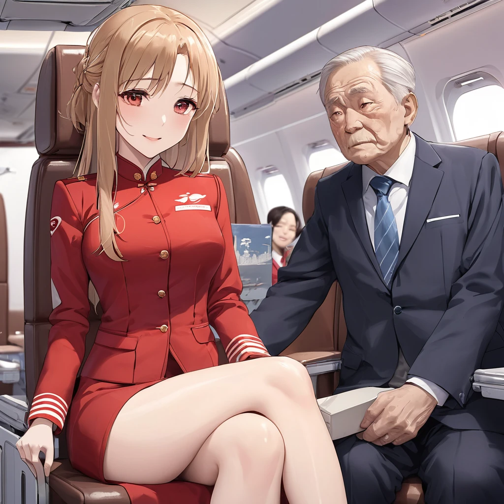((Highest quality)), ((masterpiece)), (detailed), (Perfect Face)、The woman is a Chinese flight attendant for Air China, named Yuuki Asuna, with light brown, medium-long hair.、The woman is wearing the red uniform of an Air China flight attendant.、The woman is a special flight attendant for the honored Communist Party of China members, dressed beautifully and serving them as an in-flight wife.、The woman is a first-class passenger who serves an elderly man who is a member of the Chinese Communist Party and enjoys the utmost affection from the elderly man.、She sits next to the man sitting next to her and provides sexual entertainment, happily and sincerely serving as an in-flight wife.、In the first-class cabin, a man and a woman are alone, making love like a married couple.