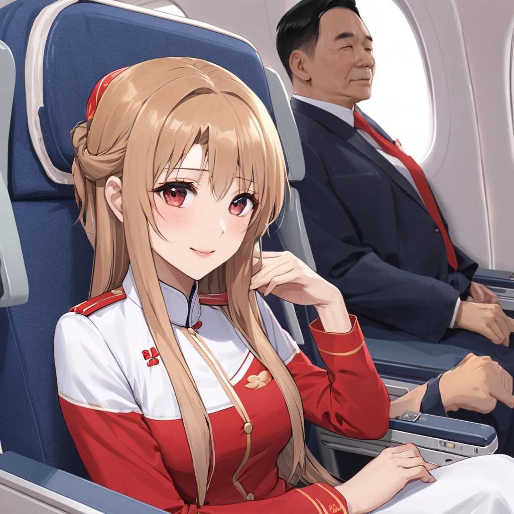 ((Highest quality)), ((masterpiece)), (detailed), （Perfect Face）、The woman is a Chinese flight attendant for Air China, named Yuuki Asuna, with light brown, medium-long hair.、The woman is wearing the red uniform of an Air China flight attendant.、The woman is a special flight attendant for the honored Communist Party of China members, dressed beautifully and serving them as an in-flight wife.、The woman is a first-class passenger who serves an elderly man who is a member of the Chinese Communist Party and enjoys the utmost affection from the elderly man.、She sits next to the man sitting next to her and provides sexual entertainment, happily and sincerely serving as an in-flight wife.、In the first-class cabin, a man and a woman are alone, making love like a married couple.