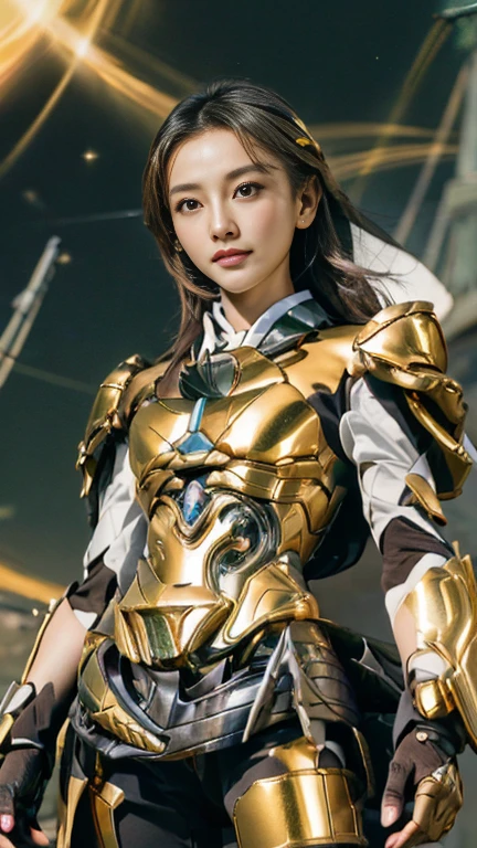 masterpiece,highest quality,ultra high resolution),japanese woman, very beautiful girl, Naïve girl、perfect limbs、perfect anatomy、radiant beautiful skin、Moist eyes、brown shiny hair、Colors and landscapes of youth、Premonition of Love Green and Gold Uniform、 metallic Green armor, high quality costumes, brass armor coat, Masterpiece costume, Green armor, Avan Uniform, gilded black uniform, gold armor suit, quality commander, combat uniform, Embroidered uniform guard, gold obsidian armor, smooth gold armor