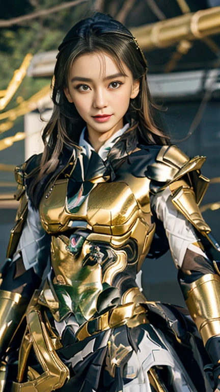 masterpiece,highest quality,ultra high resolution),japanese woman, very beautiful girl, Naïve girl、perfect limbs、perfect ???????、radiant beautiful skin、Moist eyes、brown shiny hair、Colors and landscapes of youth、Premonition of Love Green and Gold Uniform、 metallic Green armor, high quality costumes, brass armor coat, Masterpiece costume, Green armor, Avan Uniform, gilded black uniform, gold armor suit, quality commander, combat uniform, Embroidered uniform guard, gold obsidian armor, smooth gold armor