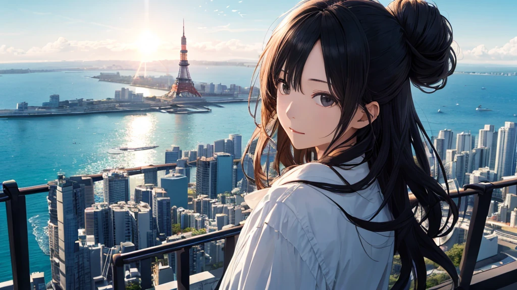 Shiraishi Mei, Looks exactly like Shiraishi Mei、Time is night、Tokyo Tower in the background、Big fireworks、Oceanの方を向いている後ろ姿、Woman looking up at the sky ,Long Hair, Black Hair,, Bun Hair。photograph, Realistic, Highest quality, Detailed face, Strong sunlight, Ocean, Embankment, Detailed Background, Diffused sunlight, Written boundary depth, Bokeh (Highest quality: 1.2), (masterpiece: 1.2), Watch Viewer, one piece, White Theme, ,Vision、(((Panorama:1.2)))