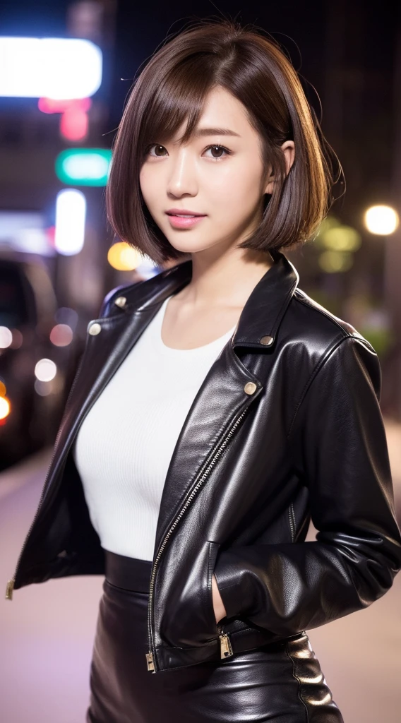 (((Yumikanoku))),((Highest quality, 8k, masterpiece :1.3)), One girl, smile, whole body, Slim face, Beautiful woman, (Dark brown hair), Tight leather pink suit,Pink Short Tight Skirt, Highly detailed face, Detailed eyes, double eyelid,  Bokeh Background, Slim face, City of night, Neon Light,outside, Tokyo Street,Japan,leather jacket,Leather skirt,Bob cut short hair,