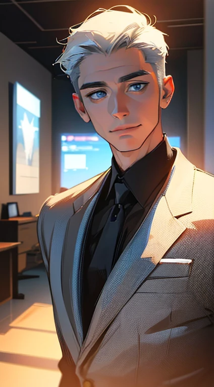 (best quality,4k,8k,highres,masterpiece:1.2),ultra-detailed,(realistic,photorealistic,photo-realistic:1.37),1 man,31 years old,mature man,very handsome,without expression,smile,short grey white hair,blue eyes,penetrating gaze,perfect face without errors,imposing posture,businessman,office background,cinematic lighting,hdr image