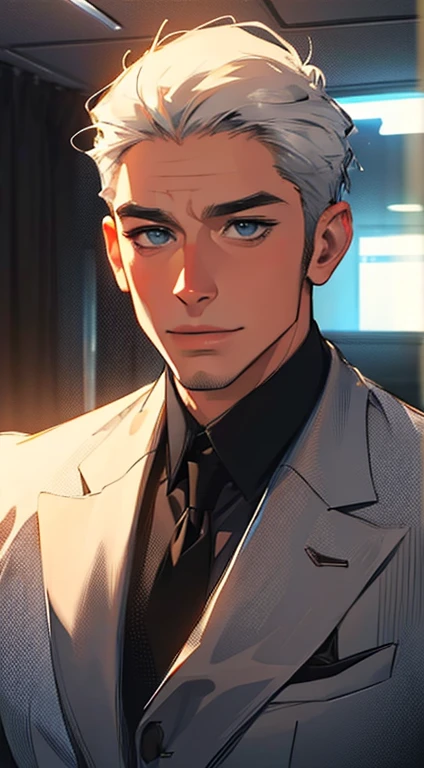 (best quality,4k,8k,highres,masterpiece:1.2),ultra-detailed,(realistic,photorealistic,photo-realistic:1.37),1 man,31 years old,mature man,very handsome,without expression,smile,short grey white hair,blue eyes,penetrating gaze,perfect face without errors,imposing posture,businessman,office background,cinematic lighting,hdr image