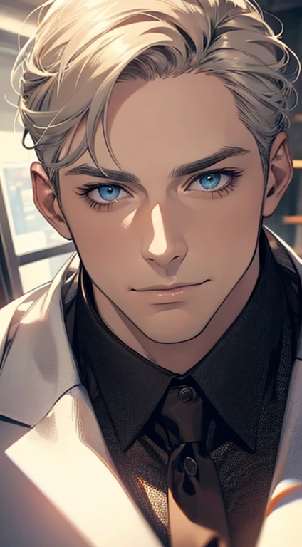 (best quality,4k,8k,highres,masterpiece:1.2),ultra-detailed,(realistic,photorealistic,photo-realistic:1.37),1 man,31 years old,mature man,very handsome,without expression,smile,short grey golden hair,blue eyes,penetrating gaze,perfect face without errors,imposing posture,businessman,office background,cinematic lighting,hdr image