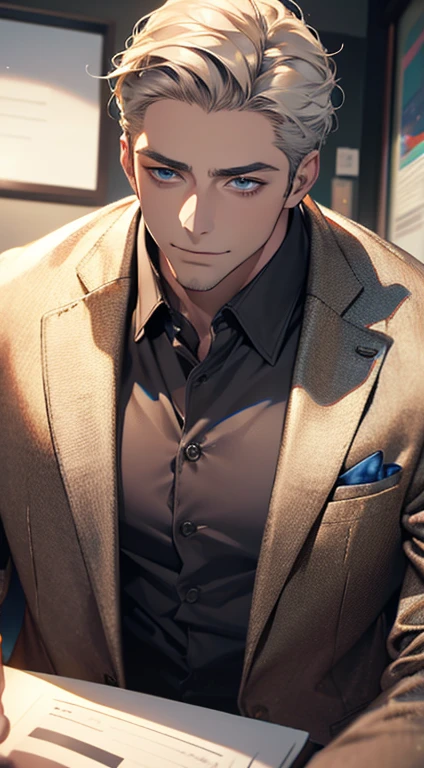 (best quality,4k,8k,highres,masterpiece:1.2),ultra-detailed,(realistic,photorealistic,photo-realistic:1.37),1 man,31 years old,mature man,very handsome,without expression,smile,short grey golden hair,blue eyes,penetrating gaze,perfect face without errors,imposing posture,businessman,office background,cinematic lighting,hdr image