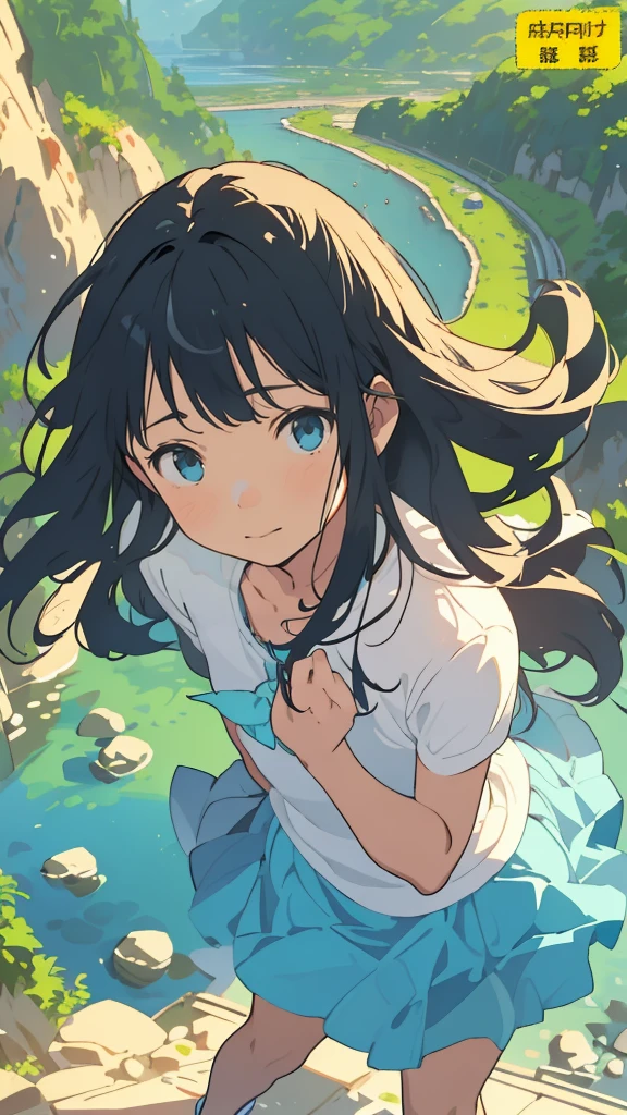 reasonable design, Clear lines, High Sharpness, (highest quality,8K,Perfect sharpness,Ultra fine,High resolution,masterpiece:1.2), Perfect Anatomy:1.5, Official Art, Illustrations that tell a story, (Whitish background:0. 9)、Body Positivity、More Mr.Physical expression、(Random and mischievous poses)、Perfect beauty、Perfect beautiful face、Strong winds、A rich expression、Dynamic composition、smile、Golden ratio composition、colorful、(Mr.Different angles and perspectives)、anime art、mini skirt、(Overcoming stereotypes)、 Glowing Skin、(Natural beauty)、smile、bangs、Straight Hair、(Soft and flowing hair)、(Rural Scenery)、(Nostalgic atmosphere)、Insert up to the thighs、(Playful and carefree)、(More Mr.Ethnic characters)、(innocent attitude)、(Sunny atmosphere)、Skirt flipped up、(Bright colors)、Belly button exposed、Beautiful Eyes、A skirt fluttering in the wind、Put it in to your feet、Some composition patterns、sensuous、Geometric pattern、emotional、Symposium cover、Lens flare、Halation、 face close-up、