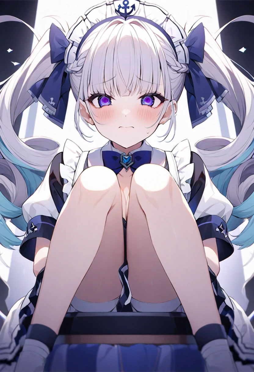 (muste piece), (best quality), (score_9, score_8_up, score_7_up), very detailed eyes, expressive eyes, perfect face, very detailed face, highly detailed face, beautiful girl, 8K, beautiful girl, white background, delicate and beautiful face and eyes, dark intense shadow, 1 girl, vtuber style, cool girl, vtuber,Minato_Aqua, twintails, drill hair, maid headdress, cleavage, short sleeves, blue bow, wrist cuffs, big chest, cleavage, sit on throne, knees together feet apart, hands on knees, shy, embarrassed,
