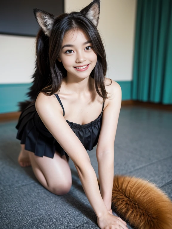 ((Highest quality, 8k)), ((masterpiece)), (Highest Resolution), Perfect Face, Fox Girl, high school girl, Beautiful woman, public, One tail, she has thick thighs, Big tail, She has a fluffy fox tail, She wags her tail, smile, Fur collar, She is wearing a short skirt, Beautiful Hips , Big Breasts, The skirt is rolled up at her tail, On all fours