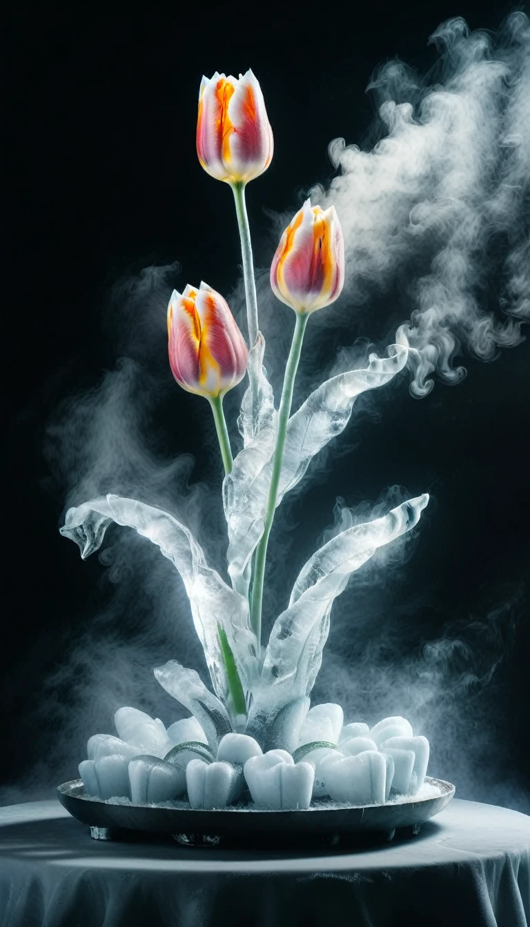 Highest quality、masterpiece、Ice sculpture of tulips、Dry ice smoke