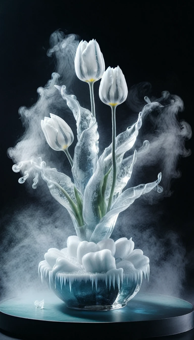 Highest quality、masterpiece、Ice sculpture of tulips、Dry ice smoke