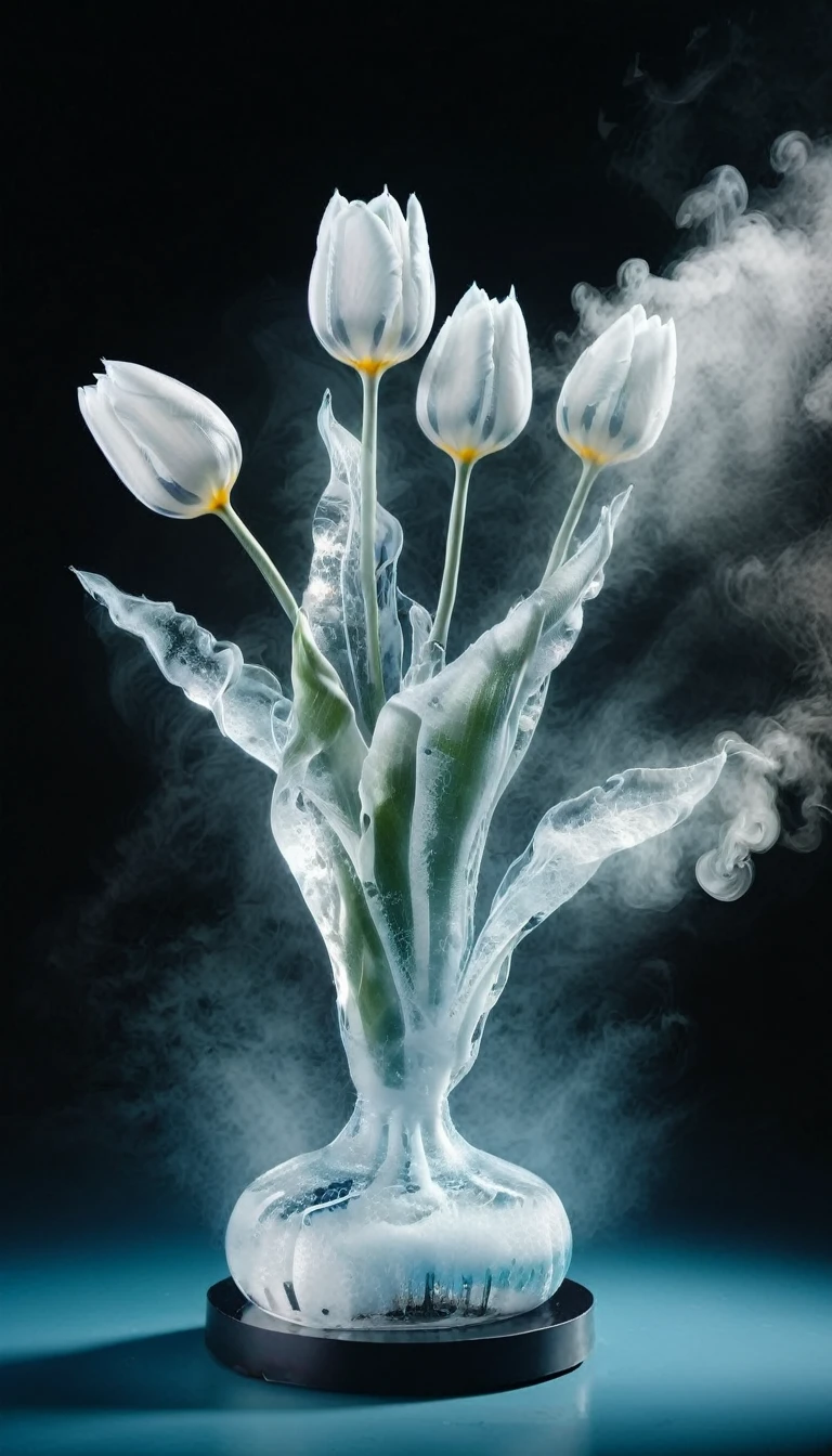 Highest quality、masterpiece、Ice sculpture of tulips、Dry ice smoke